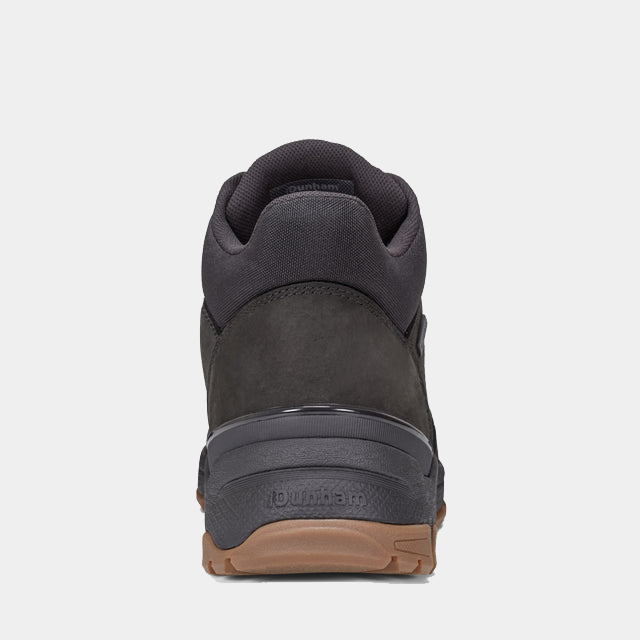 Dunham Alpine Waterproof Casual Lace-up Mid Boots in black leather with padded collar and brown outsole, back view showing heel detail.