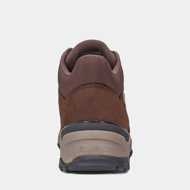 Dunham Alpine Waterproof Casual Lace-up Mid Boots back view showing brown suede upper, padded collar, and durable outsole.