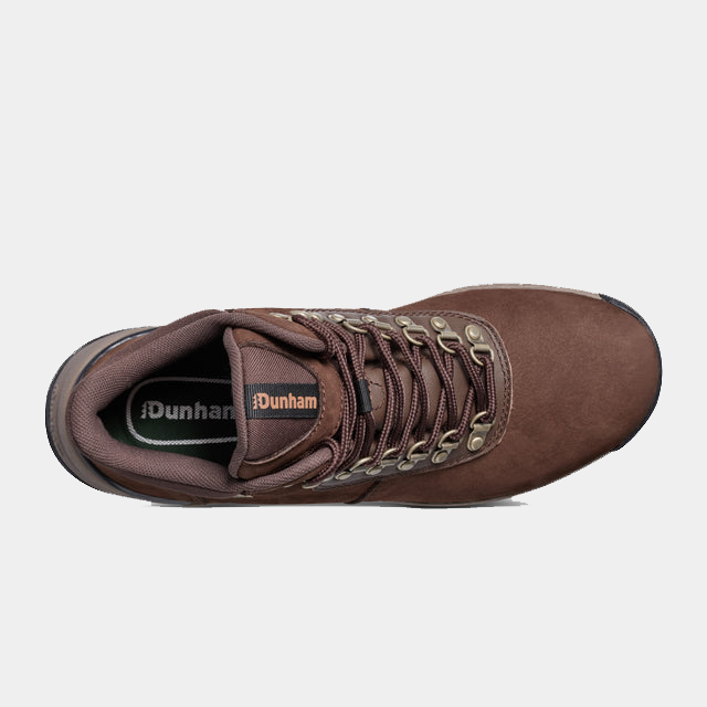 Dunham Alpine Waterproof Casual Lace-up Mid Boots in brown leather, top view showcasing metal eyelets and padded tongue.