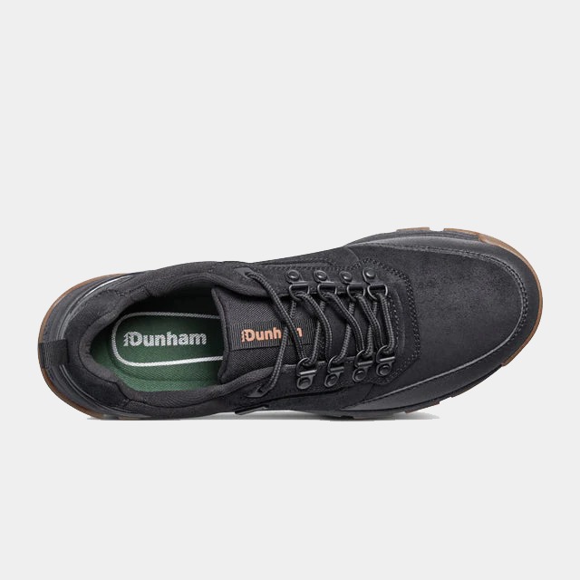 Dunham Alpine Waterproof Casual Lace-up Shoes top view in black featuring durable suede upper, lace system, and cushioned insole.