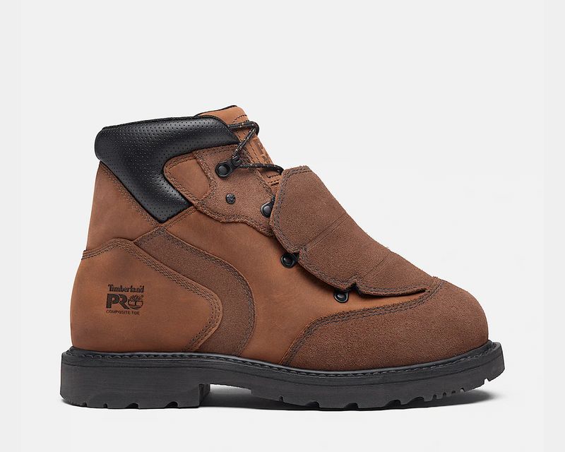 Timberland Pro Ambridge Met Guard 6" Composite Toe Work Boot in brown leather with reinforced metatarsal guard and black padded collar, side view.