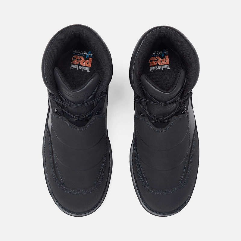 Timberland Pro Ambridge Met Guard 6" Composite Toe Work Boot in black with a padded collar and durable laces, top view.