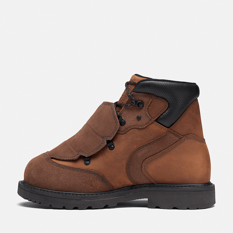 Timberland Pro Ambridge Met Guard 6" Composite Toe Work Boot in brown leather and suede with black padded collar, side view.