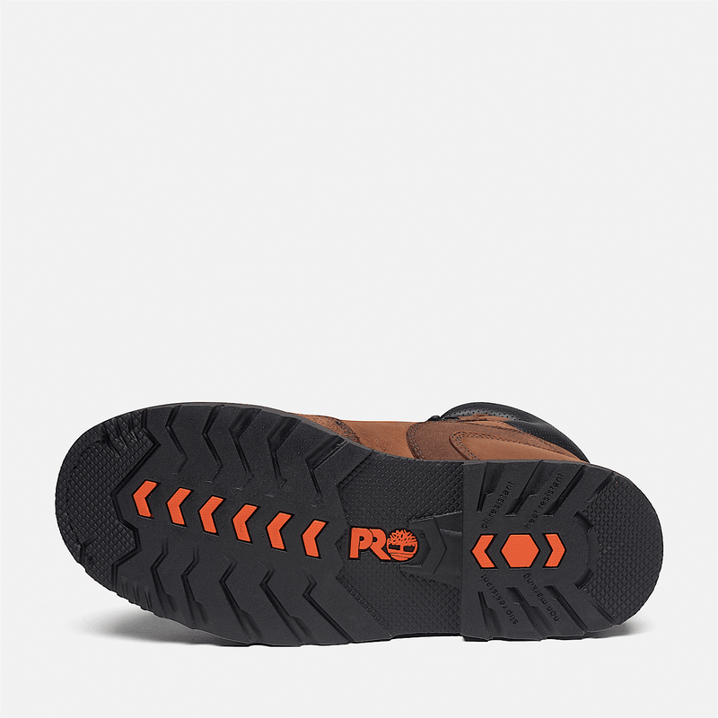 Timberland Pro Ambridge Met Guard 6" Composite Toe Work Boot outsole in black with orange logo and traction pattern.