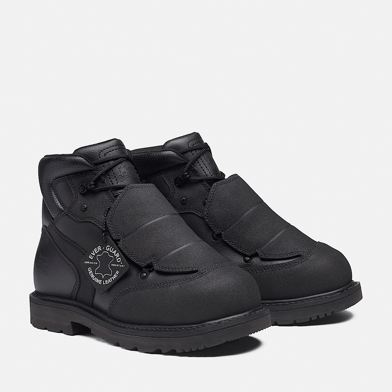 Timberland Pro Ambridge Met Guard 6" Composite Toe Work Boot in black with Ever-Guard leather and durable outsole, front angle view.