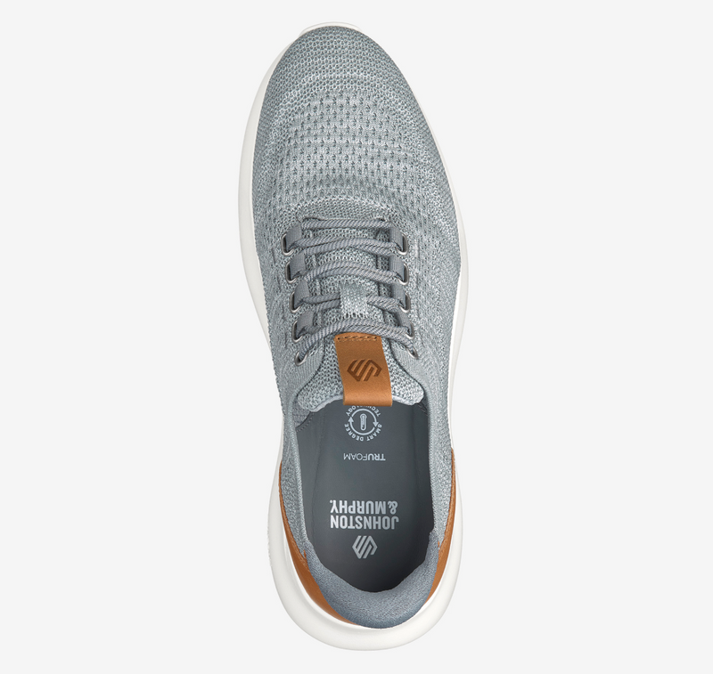 Johnston & Murphy Amherst 2.0 Knit Plain Toe shoes, top view showing gray knit upper, lace system, and brown leather accents.