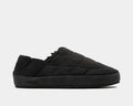 SeaVees Apres Puff Slip On shoes in black with quilted fabric and cushioned sole, side view.