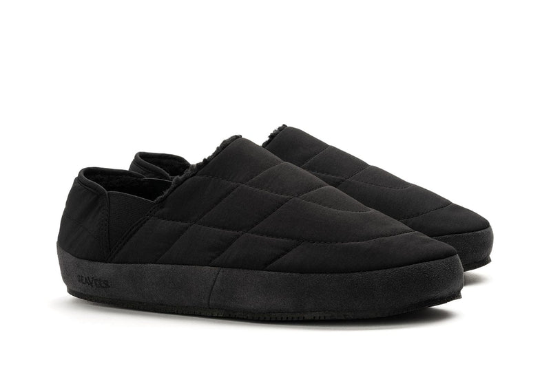SeaVees Apres Puff Slip On shoes in black with quilted nylon upper and faux fur lining, side angled view.
