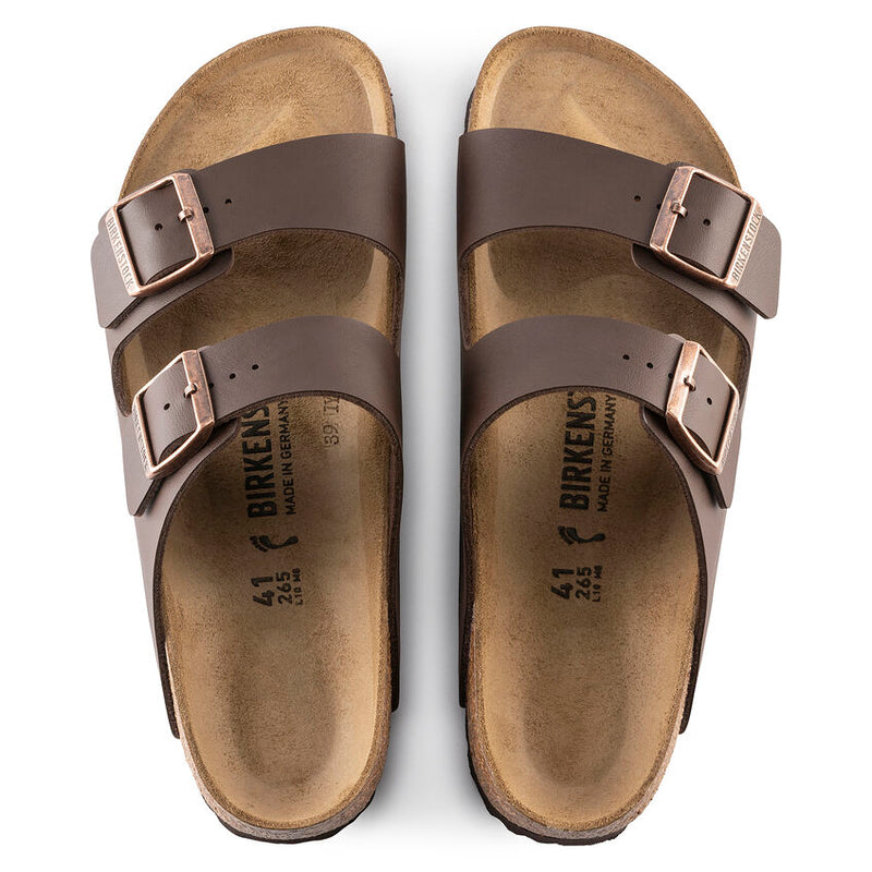 Birkenstock Arizona Birko-Flor® sandals in brown with adjustable straps and copper-tone buckles, top view showing cork footbed.