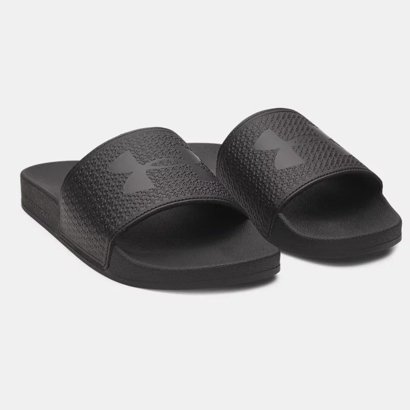 Under Armour ARMR Slide sandals in black with textured strap and logo, angled view.