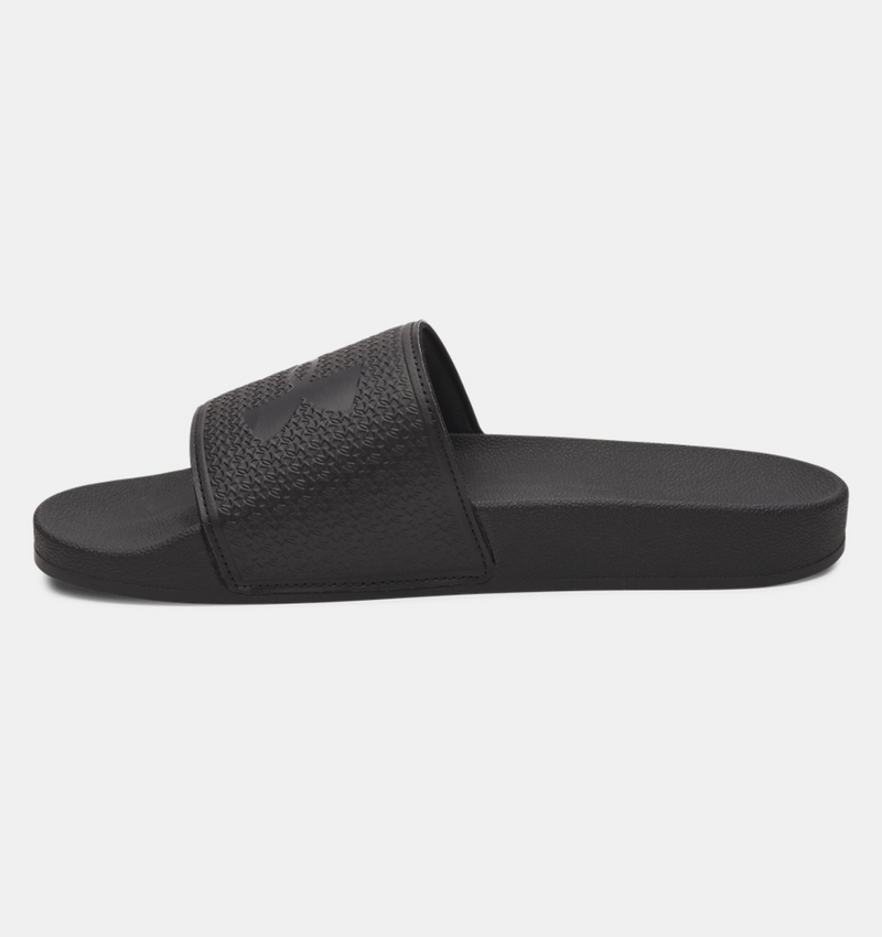 Under Armour ARMR Slide sandals in black with textured strap, side view.