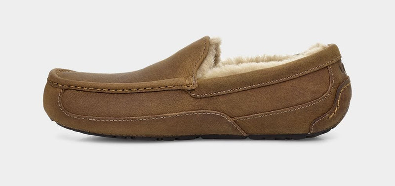 UGG Ascot Matte Leather slippers in brown leather with stitched detailing and plush fleece lining, side view.