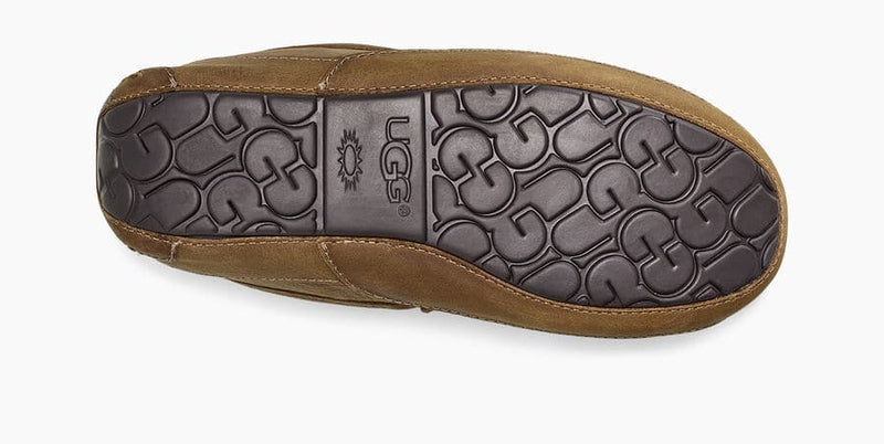 UGG Ascot Matte Leather loafers outsole view showcasing textured black rubber sole and brown leather upper trim.