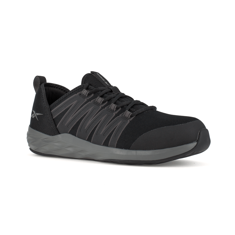 Reebok Work Astroride Work shoes in black with mesh upper, textured overlays, and cushioned gray outsole, angled front view.