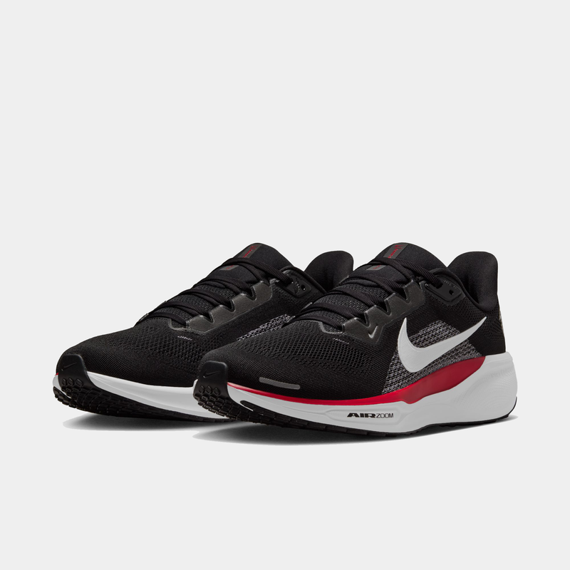 Nike Atlanta Falcons Pegasus 41 running shoes in black with white and red accents, breathable mesh upper and Zoom Air midsole, front angle view.