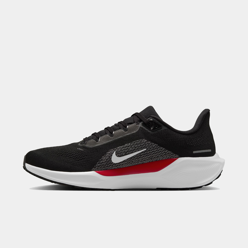 Nike Atlanta Falcons Pegasus 41 running shoes in black with gray mesh upper, red accent, and white midsole, side view.