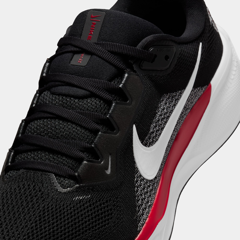 Nike Atlanta Falcons Pegasus 41 running shoe in black with red and white details, featuring breathable mesh upper and white Nike swoosh, close-up front angle.