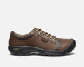 Keen Austin casual leather shoes in brown with contrast stitching, lace-up closure, and black rubber outsole, side view.