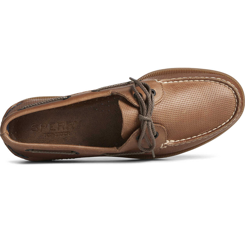 Sperry Authentic Original™ 2-Eye Deboss boat shoe in brown leather with debossed texture, contrast stitching, and lace system, top view.