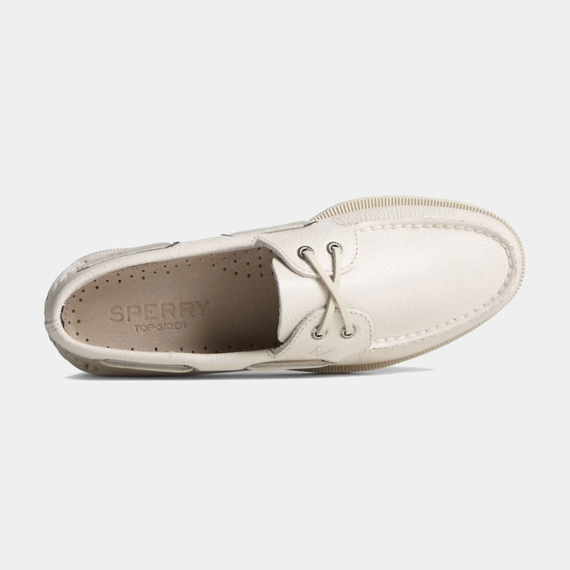 Sperry Authentic Original™ Boat Shoe in off-white leather, featuring moc-toe stitching and lace-up design, top view.