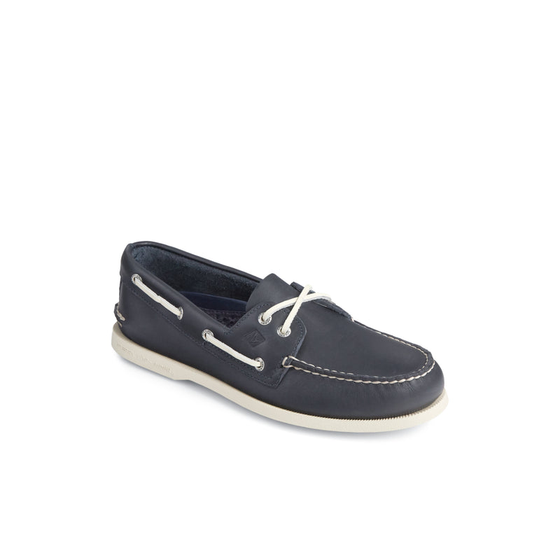 Sperry Authentic Original™ Boat Shoe in navy leather with white laces and contrast stitching, side view.