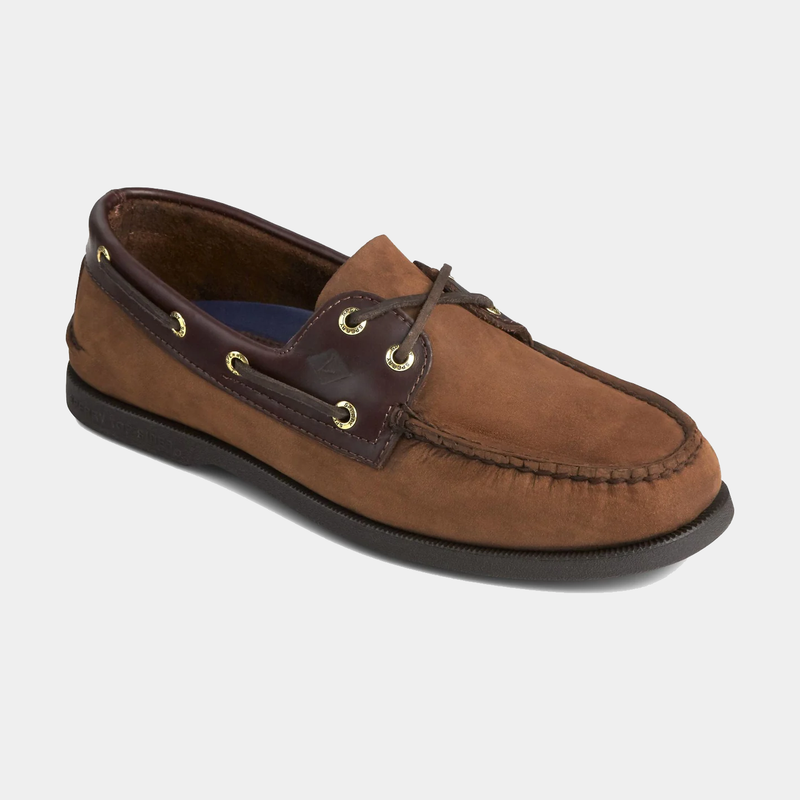 Sperry Authentic Original™ Boat Shoe in brown suede with leather accents and gold-tone eyelets, side angle view.