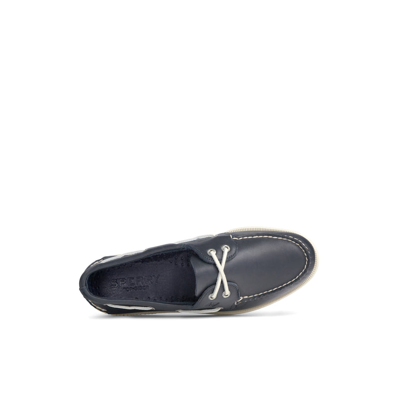 Sperry Authentic Original™ Boat Shoe in navy leather with rawhide laces and contrast stitching, top view.