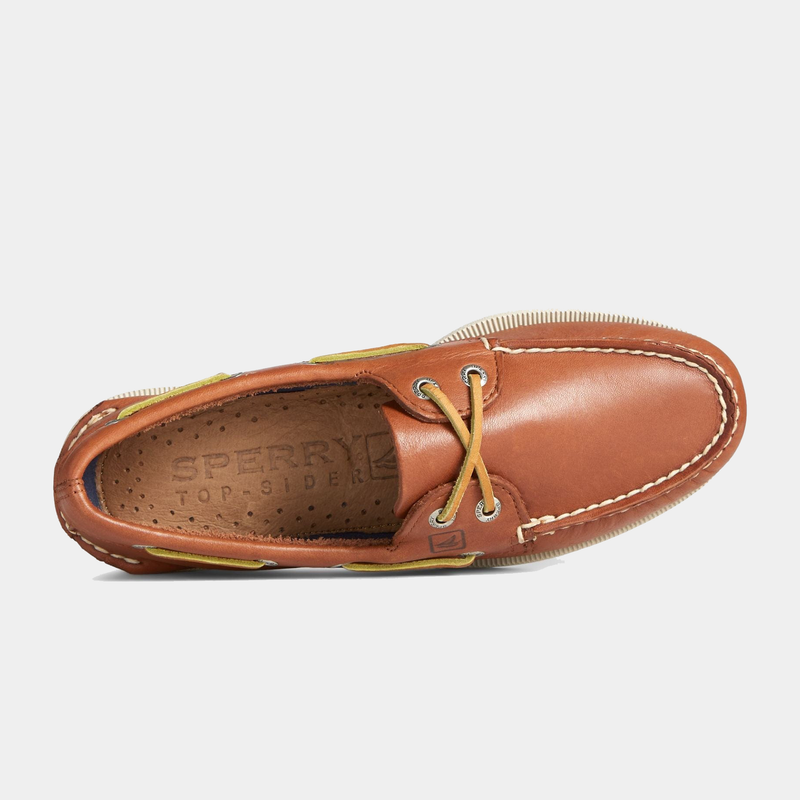 Sperry Authentic Original™ Boat Shoe in brown leather with rawhide laces and moccasin stitching, top view showing cushioned insole.