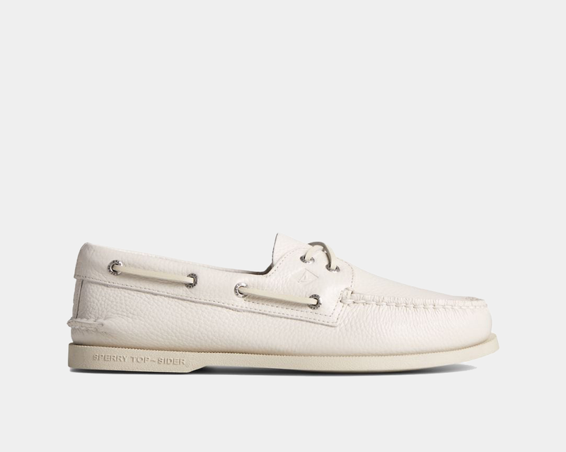 Sperry Authentic Original™ Boat Shoe in white leather with moc-toe stitching and 360° lacing system, side view.