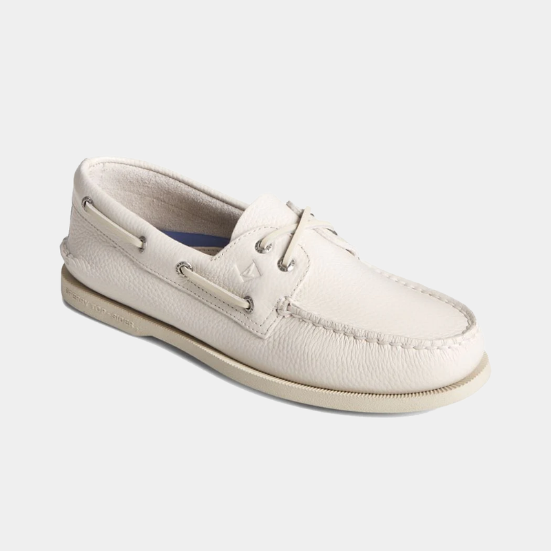 Sperry Authentic Original™ Boat Shoe in white leather with rawhide laces and moc-toe stitching, side angle view.