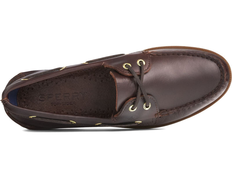 Sperry Authentic Original™ Boat Shoe in dark brown leather with moc-toe stitching and rawhide laces, top view.