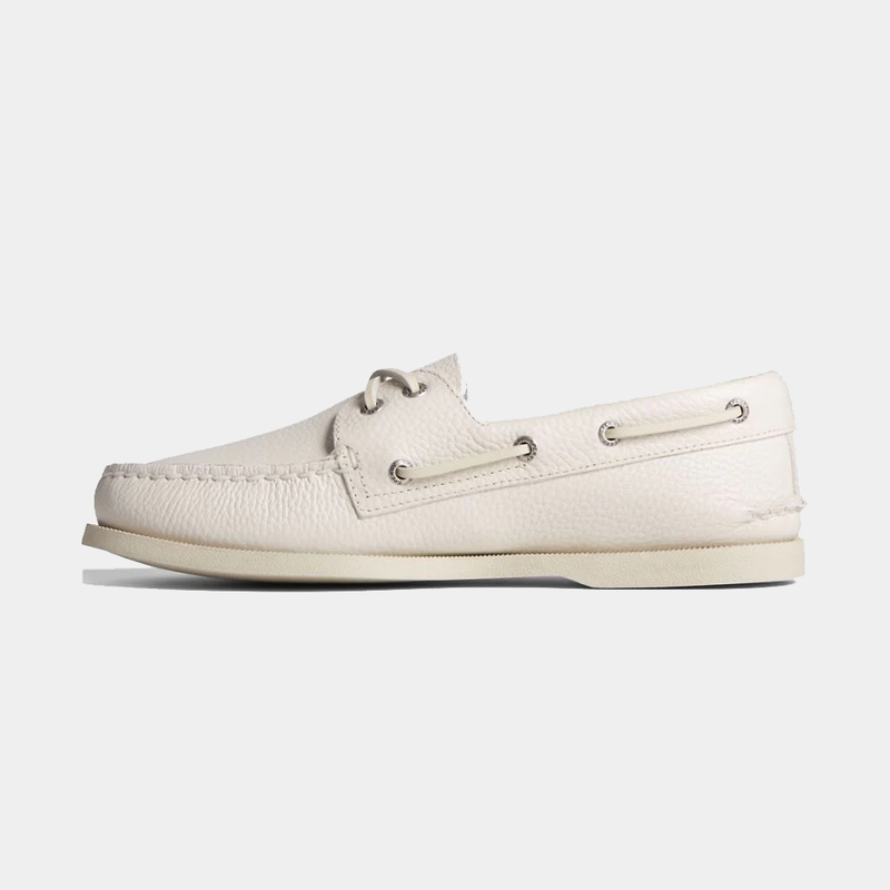 Sperry Authentic Original™ Boat Shoe in white full-grain leather with moc-toe stitching and rawhide lace detail, side view.