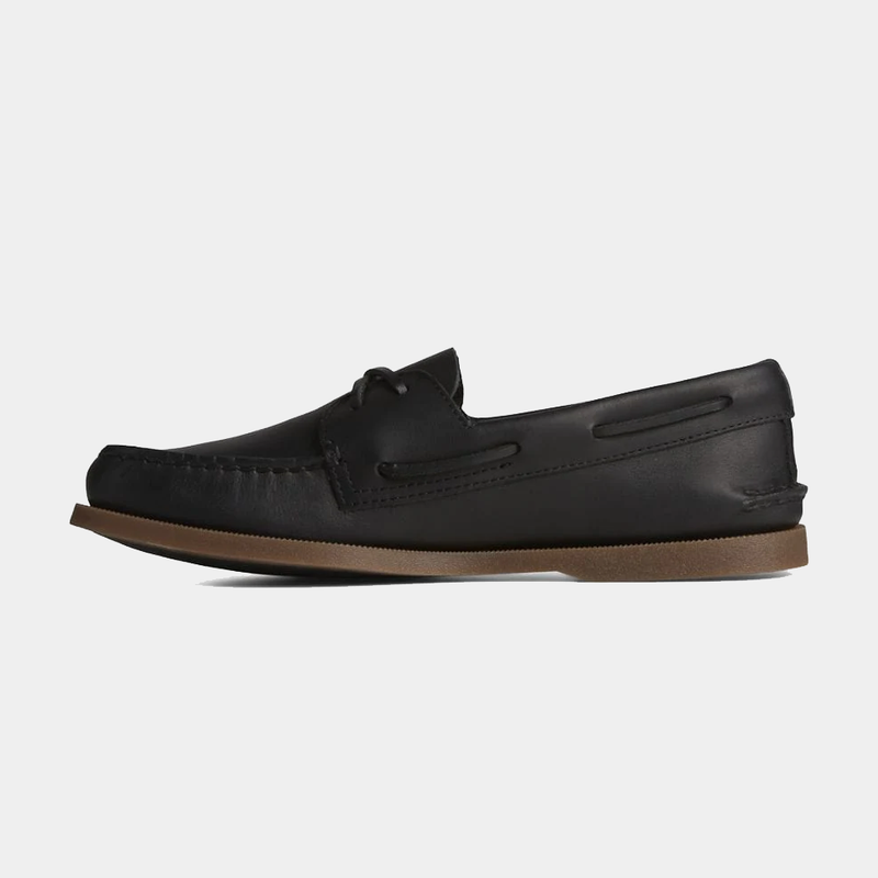 Sperry Authentic Original™ Cross Lace boat shoe in black leather with moc-toe stitching and brown rubber sole, side view.