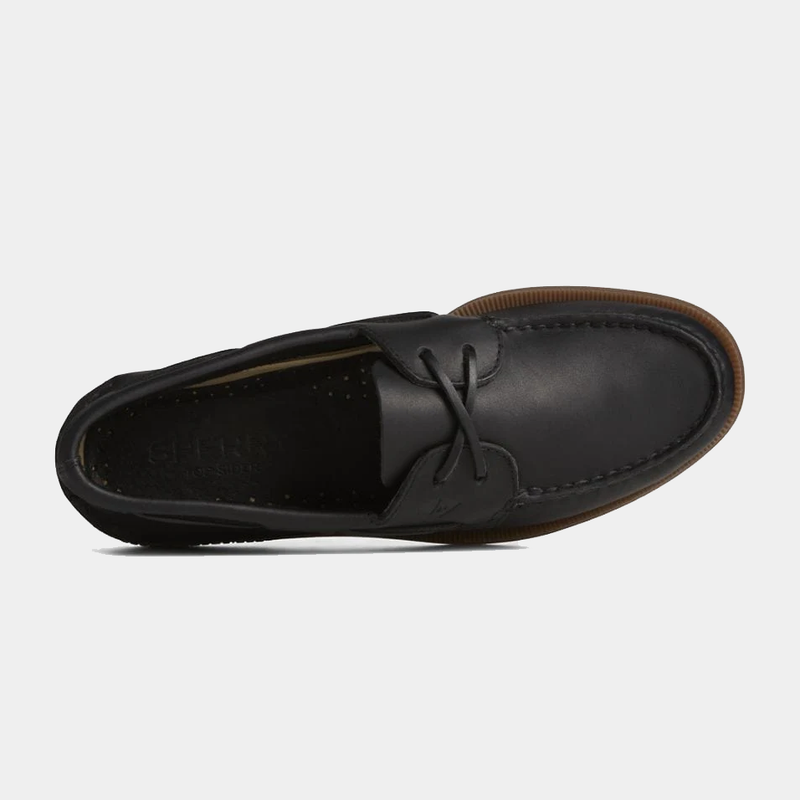 Sperry Authentic Original™ Cross Lace boat shoe in black leather with moccasin stitching and durable sole, top view.