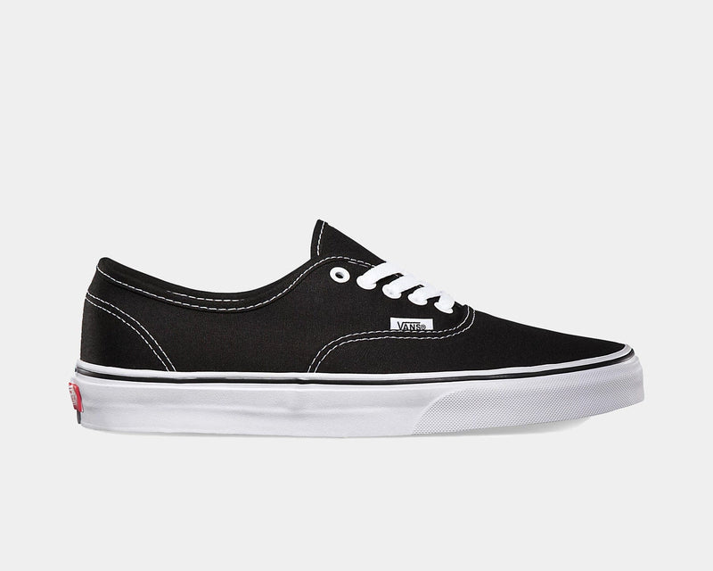 Vans Authentic sneakers in black canvas with white stitching, laces, and rubber outsole, side view.