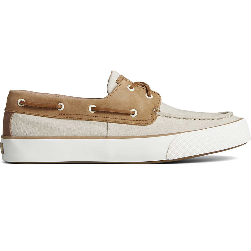 Sperry Bahama II Linen Sneaker in beige and tan with canvas upper, leather accents, and white rubber sole, side view.