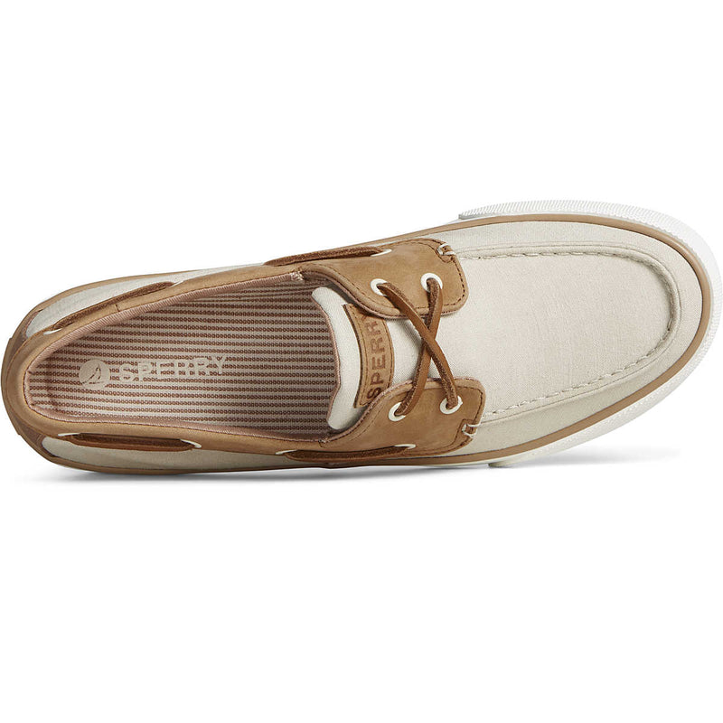 Sperry Bahama II Linen Sneaker top view, beige linen upper with brown leather accents, striped cushioned footbed, and lace-up design.