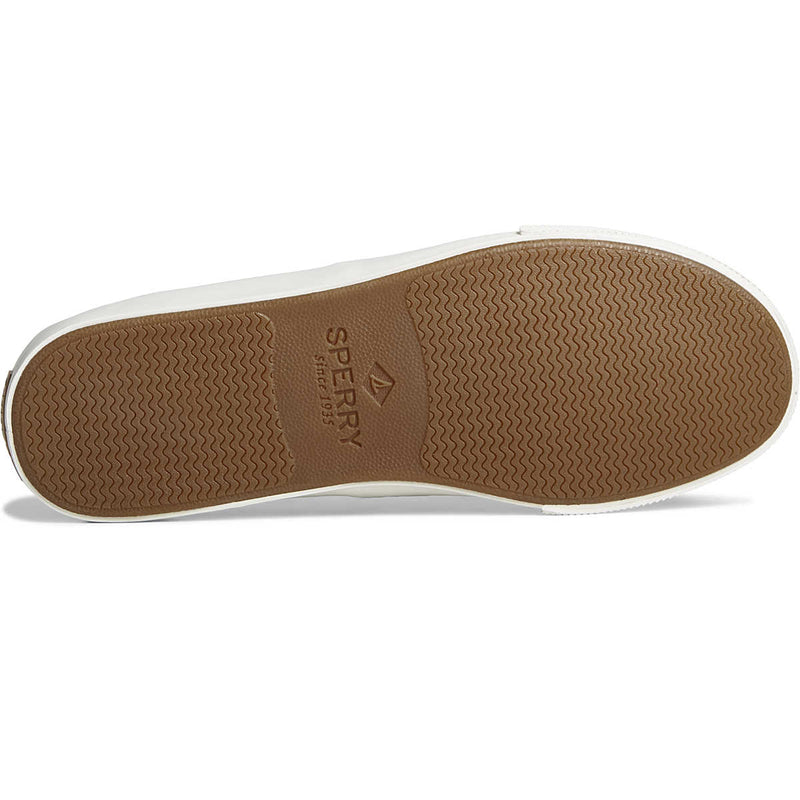 Sperry Bahama II Linen Sneaker outsole showing tan rubber with wave-like tread pattern and Sperry branding.