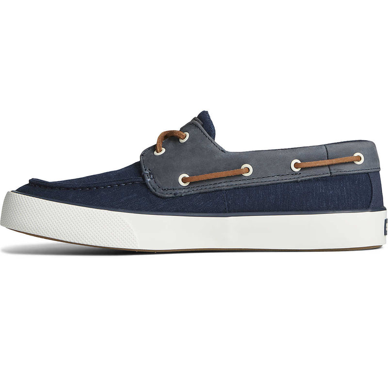 Sperry Bahama II Linen Sneaker in navy blue with gray accents, durable linen upper, leather lacing, and white rubber outsole, side view.