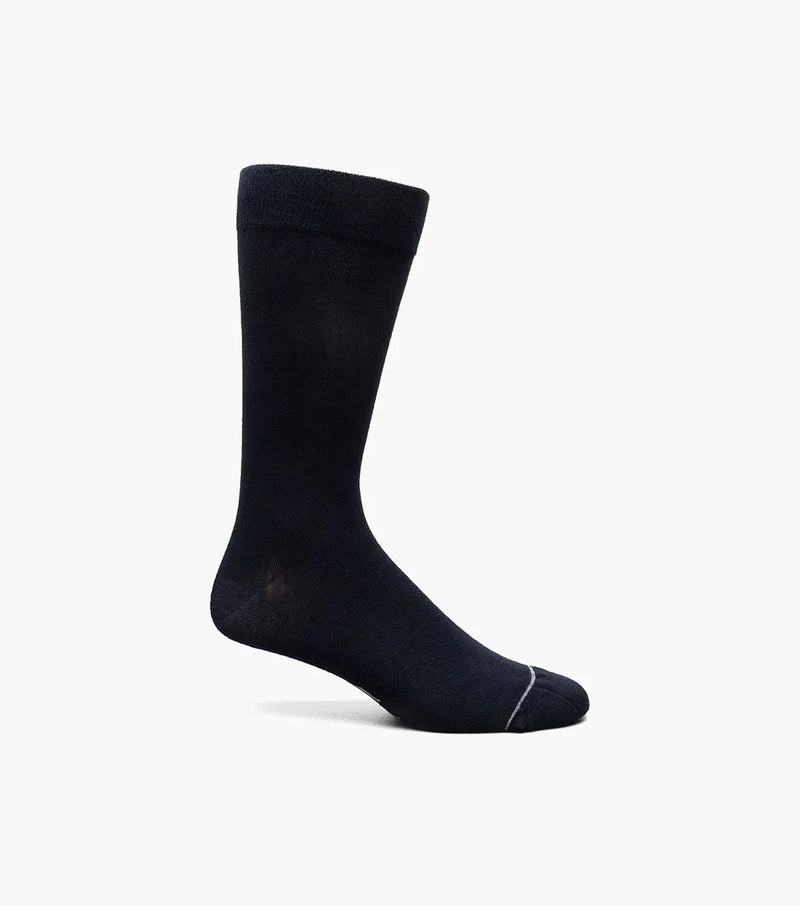 A navy crew dress sock with the Florsheim logo on the ankle area.