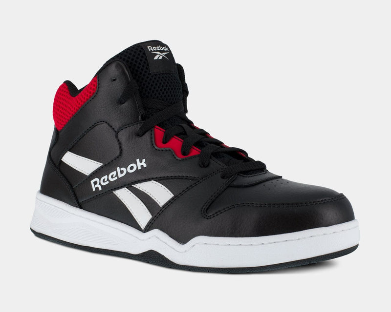 Reebok Work BB4500 High Top Work Sneaker in black with white accents and red mesh collar, leather upper, side-front angle.