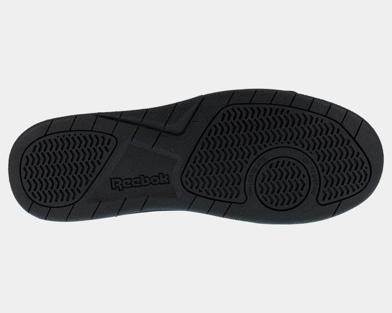 Reebok Work BB4500 High Top Work Sneaker outsole with slip-resistant tread and oil-resistant rubber in black, bottom view.