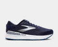 A pair of Brooks Beast GTS 24 running shoes with navy blue, white, and gray colors, featuring the Brooks logo on the side.
