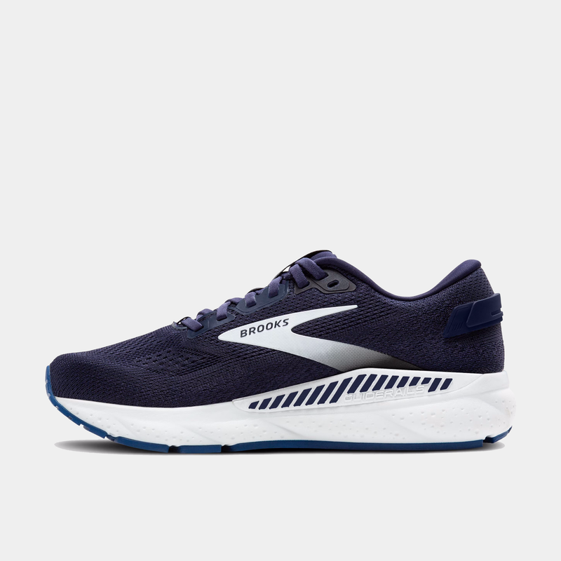 Navy and white running shoe with 'Brooks' branding on a light gray background