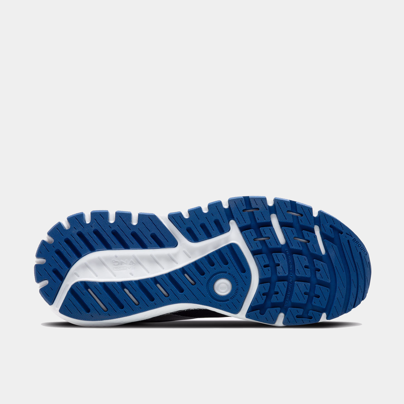 Blue and white athletic shoe sole on a light gray background