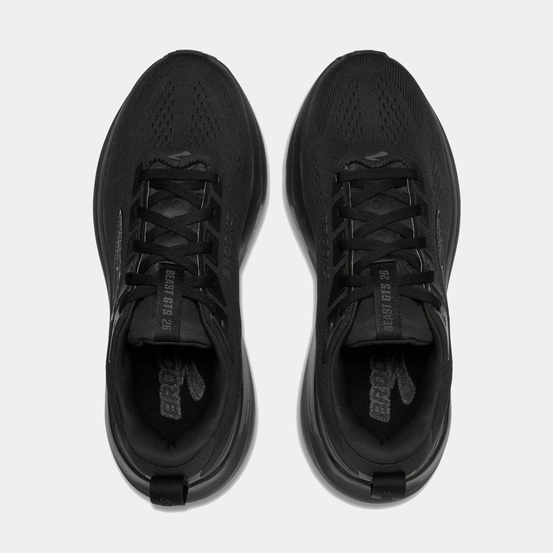 Brooks Beast GTS 26 running shoes in all-black with engineered mesh upper and lace system, top view.