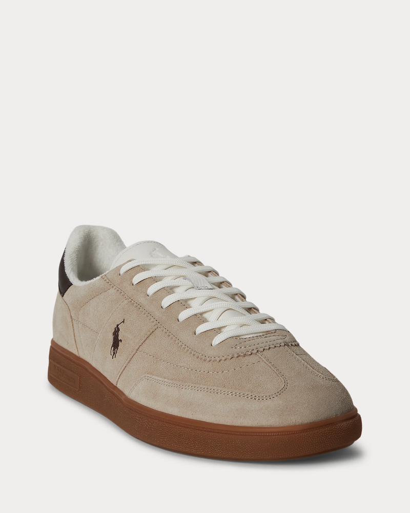 Polo Ralph Lauren Bedford Suede Sneaker in beige suede with brown accents, white laces, and gum sole, front angle view