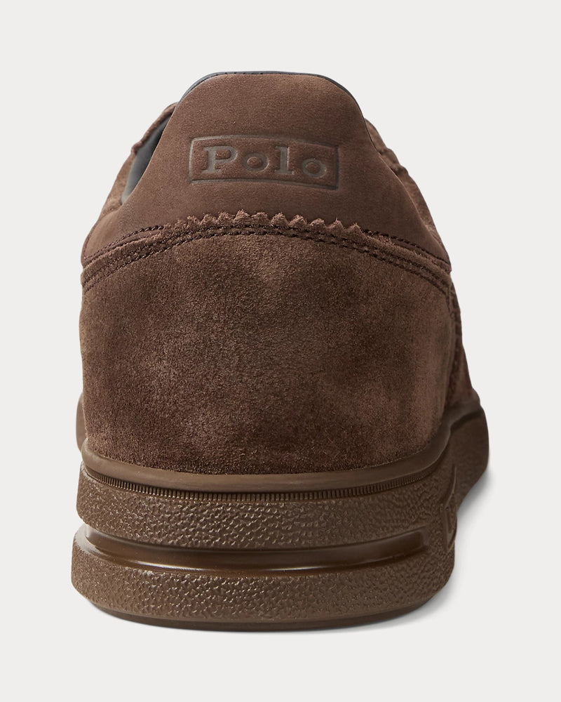 Polo Ralph Lauren Bedford Suede Sneaker in brown suede with embossed "Polo" branding on heel, back view.