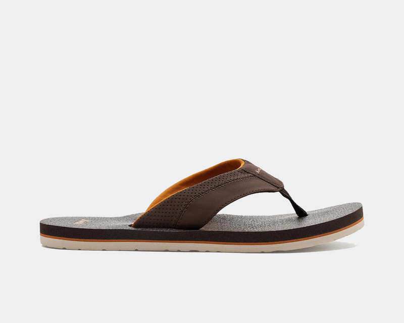 Sanuk Beer Cozy IV flip-flops in brown with perforated straps, foam footbed, and textured outsole, side view