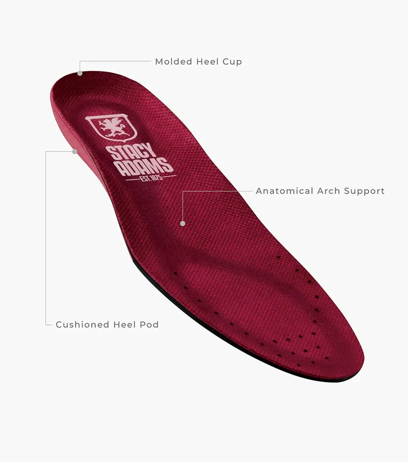 Stacy Adams Benson Plain Toe insole in red with anatomical arch support, cushioned heel pod, and molded heel cup, top view.